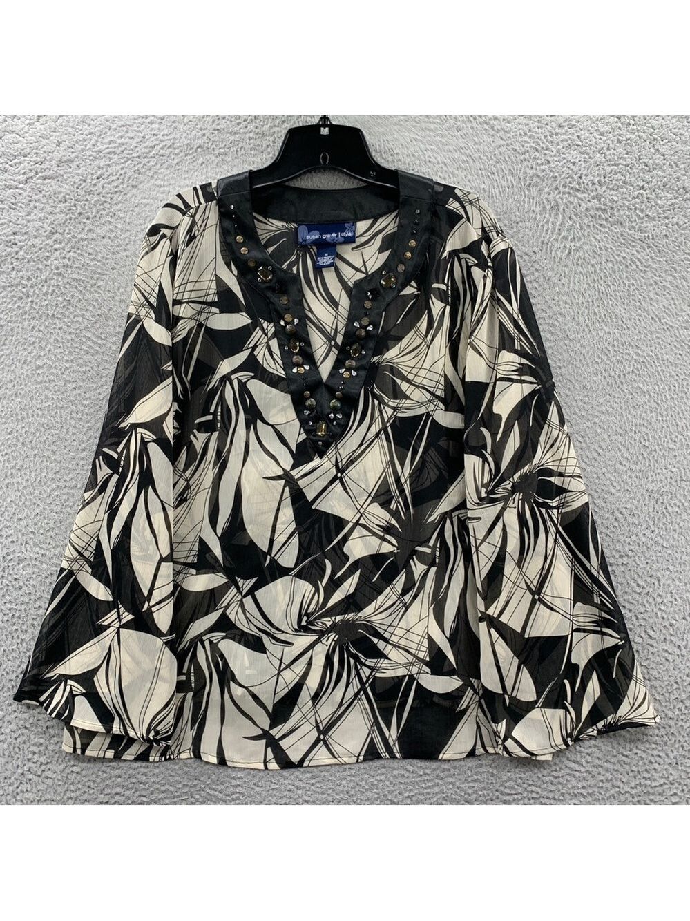 Susan Graver Style Black and Cream Abstract Floral V-Neck Tunic with Stud Detail